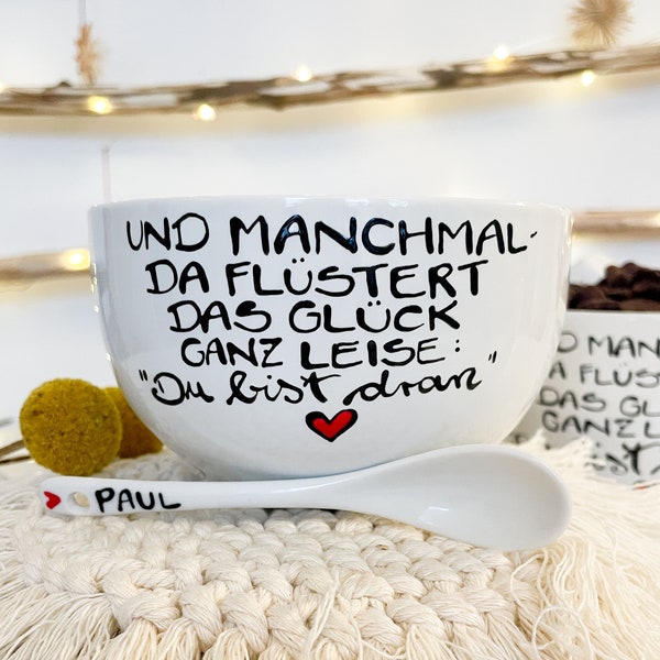 Schüssel & Löffel, personalisiert, Geschenk mit Name, Manchmal flüstert das Glück DU BIST DRAN, personalisiertes Geschirr, personalisiert