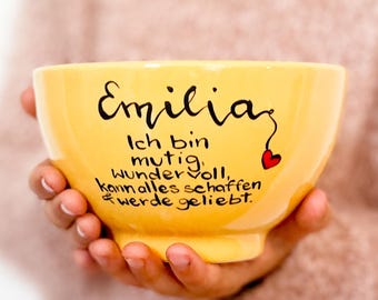 Personalized ceramic bowl for children, yellow, breakfast bowl with name and affirmation, gift for school enrollment, birthday, encouragement, affirmation