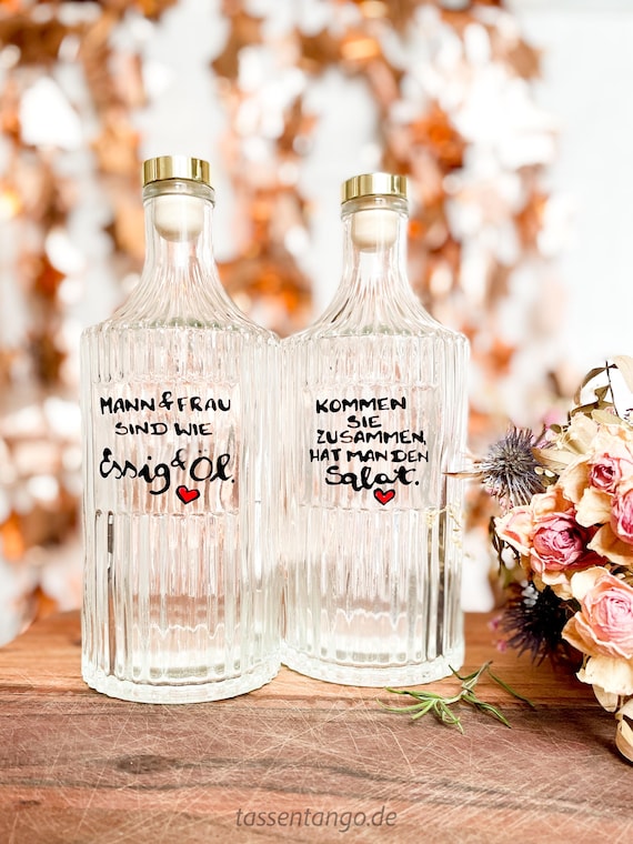 Essig & Ölflasche, Glasflasche für Öl Und Essig, Hochzeitsgeschenk, handbeschriftet mit Spruch Essig Öl, Mann und Frau sind wie Essig und Öl