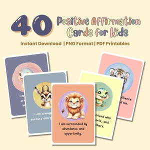 Children's Printable Positive Affirmation Cards, Set of 40 Kids Affirmation Cards, Digital Download, Journey to Wellness, Flash Cards, PDF