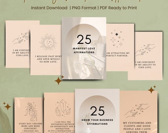 Puede incluir: Un conjunto de 25 afirmaciones positivas imprimibles para manifestar el amor y hacer crecer tu negocio. Las afirmaciones están escritas en un estilo moderno y minimalista con ilustraciones de manos, cristales y estrellas sobre un fondo melocotón.