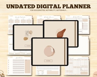 May include: Undated digital planner for Goodnotes, Notability, and Noteshelf. The planner features a beige background with brown accents and illustrations of a woman, a plant, and a circle with leaves. The planner includes pages for a yearly calendar, weekly planner, daily planner, monthly budget, and weekly tasks.