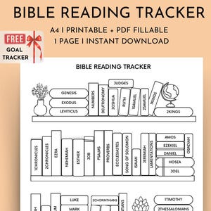 Puede incluir: Un rastreador de lectura de la Biblia imprimible en blanco y negro con un diseño de estantería. El rastreador incluye todos los libros de la Biblia, organizados por categoría. El rastreador es una excelente manera de llevar un registro de tu progreso de lectura de la Biblia.