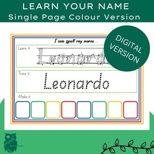 Aprende tu nombre en una sola página (digital), página para practicar nombres, para niños pequeños, necesidades especiales, libro de actividades, aprendizaje de procesos, formación de letras, niños