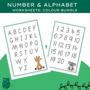 Number and Alphabet Tracing Worksheets Colour Bundle, laminate and reuse, print, toddler busy pages, letter formation, teaching, homeschool