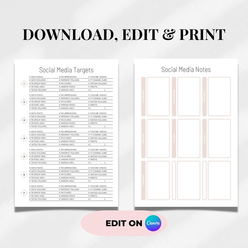 Social Media Planner Printable Editable Printable Planner Social Media