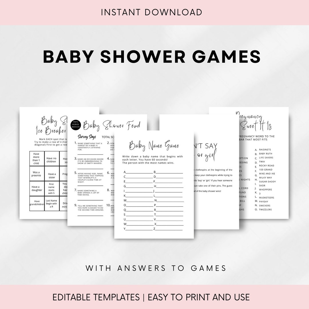 Minimalist Baby Shower Game Bundle Printable Modern Personalised, 23