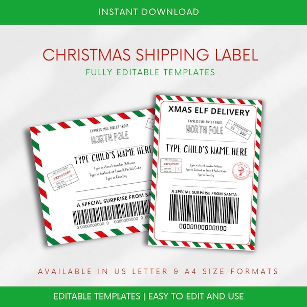 Christmas Shipping Label |Editable Santa Elf Shipping Label|  North Pole Mail Label | Gift From Santa | Name & Address