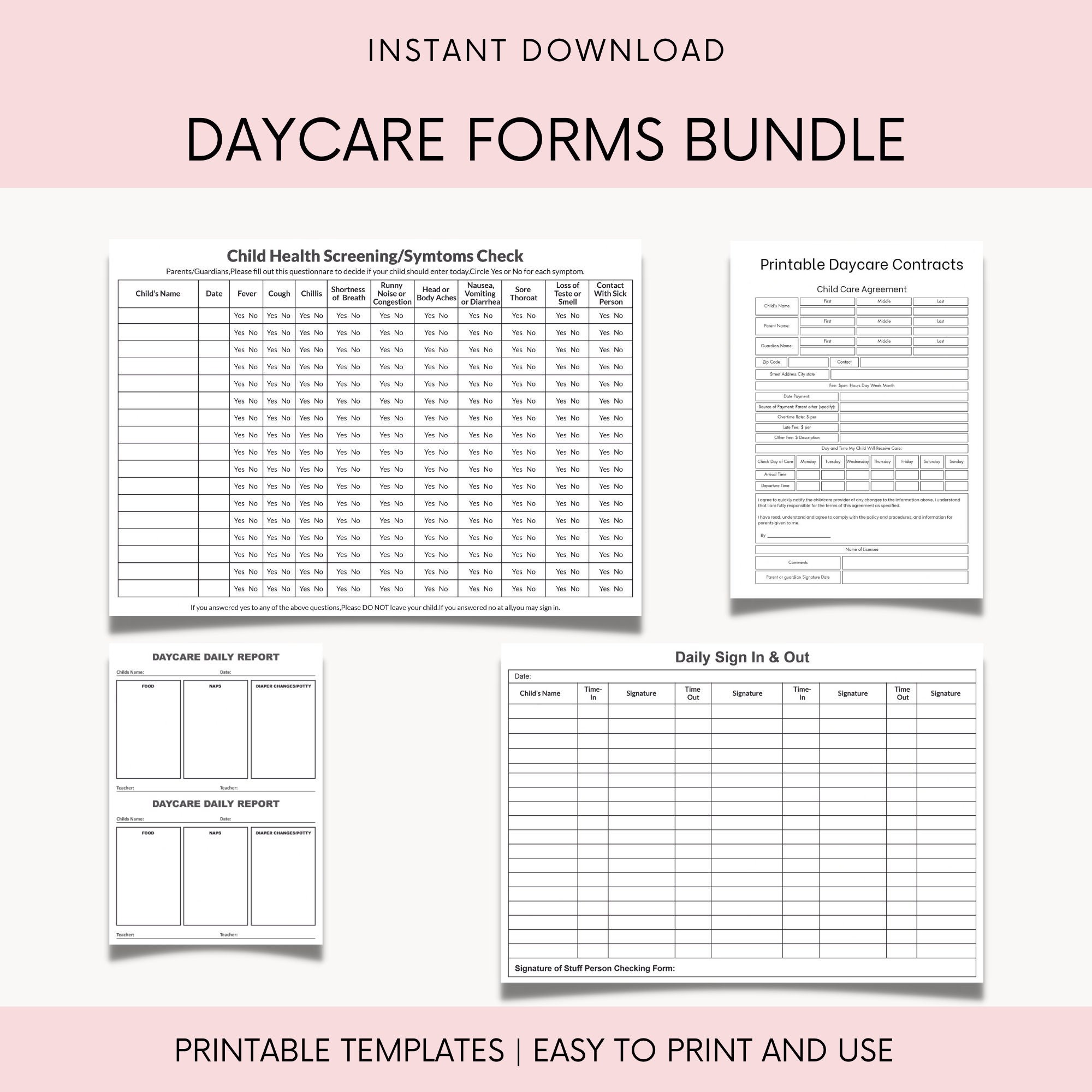 Daycare Forms Bundle Daycare Contract Daycare Sign in Form Daycare