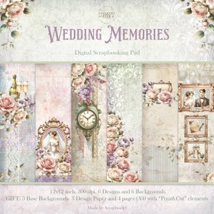 Papel digital Wedding Memories, juego de álbumes de recortes de novias vintage, papel con diseño lila, kit de álbumes de recortes de romance clásico, juego imprimible de votos vintage