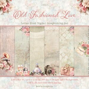 Pacote de Scrapbook para Imprimir com Amor Vintage | Papel Digital 8,5x11 polegadas | Bloco de Scrapbook Vintage para Dia dos Namorados
