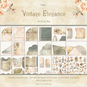 A4 &quot;Vintage Elegance&quot; Folio Kit, Print & Cut Design, Digital Journal Set with pockets, tags, envelopes and fussy cuts, Scrapbook Folio Kit