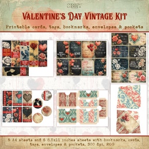 Set de efímeras de amor vintage: etiquetas digitales, marcapáginas, tarjetas, sobres y bolsillos para San Valentín