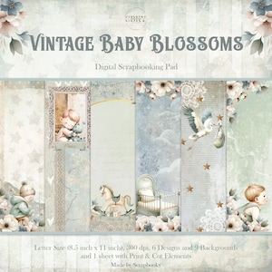 Paquete de papel digital vintage encantador tamaño carta para bebé niño - 8,5 x 11 pulgadas - Delicadas páginas para álbumes de recortes, llenas de flores nostálgicas