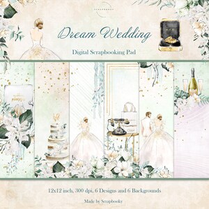 Carta da disegno digitale per matrimonio verde e oro, fogli per collage, carta stampabile per sposi, carta da matrimonio artigianale, carta color menta per la stampa