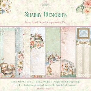 Paquete de álbumes de recortes Shabby Memories tamaño carta / 8,5 x 11 pulgadas / Papel digital imprimible / Diseños nostálgicos elegantes para manualidades