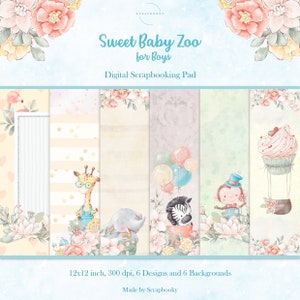Bright Colours Baby Boy Digital Paper, Scrapbook Sheets, Baby Animals Pattern, Nursery Decor, DIY Crafts