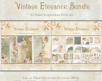 А4 Vintage Elegance Bundle Folio Kits  and Design Paper, Print & Cut Design, Scrapbook Folio Kit, A4 Printable Scrapbook Pack