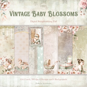 Encantador paquete de papel digital vintage para niña bebé: delicadas páginas de álbum de recortes de 12 x 12 llenas de flores nostálgicas
