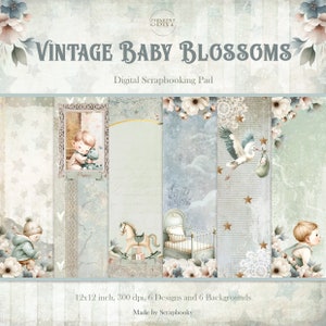 Vintage Baby Boy Blossoms: digitaal papierpakket voor het maken van nostalgische plakboekpagina's, 12 x 12 digitaal plakboekpakket