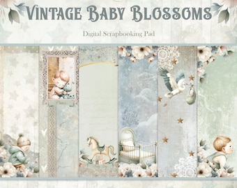 Vintage Baby Boy Blossoms: Digital Paper Pack for Crafting Nostalgic Scrapbook Pages, 12x12 Digital Scrapbook Paper Pack