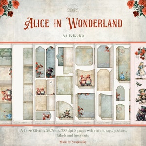 А4 Alice im Wunderland Folio Kit, Digital Journal Set mit Taschen, Tags und pingeligen Schnitten, Scrapbook Folio Kit, Print & Cut Design