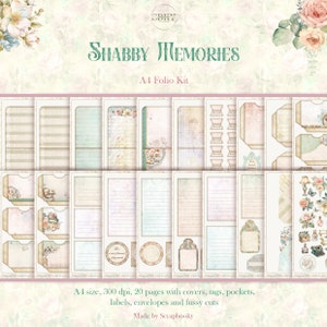A4 Shabby Memories Folio Kit, Print & Cut Design, Digital Journal Set with pockets, tags, envelopes and fussy cuts, Scrapbook Folio Kit