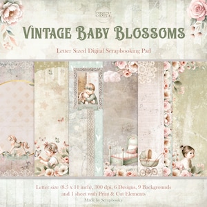 Paquete de papel digital vintage encantador de tamaño carta para niña bebé: páginas delicadas para álbumes de recortes de 8,5 x 11 pulgadas llenas de flores nostálgicas