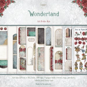 А4 Wonderland Folio Kit, Digital Journal Set with pockets, tags and fussy cuts, Scrapbook Folio Kit, Print & Cut Design