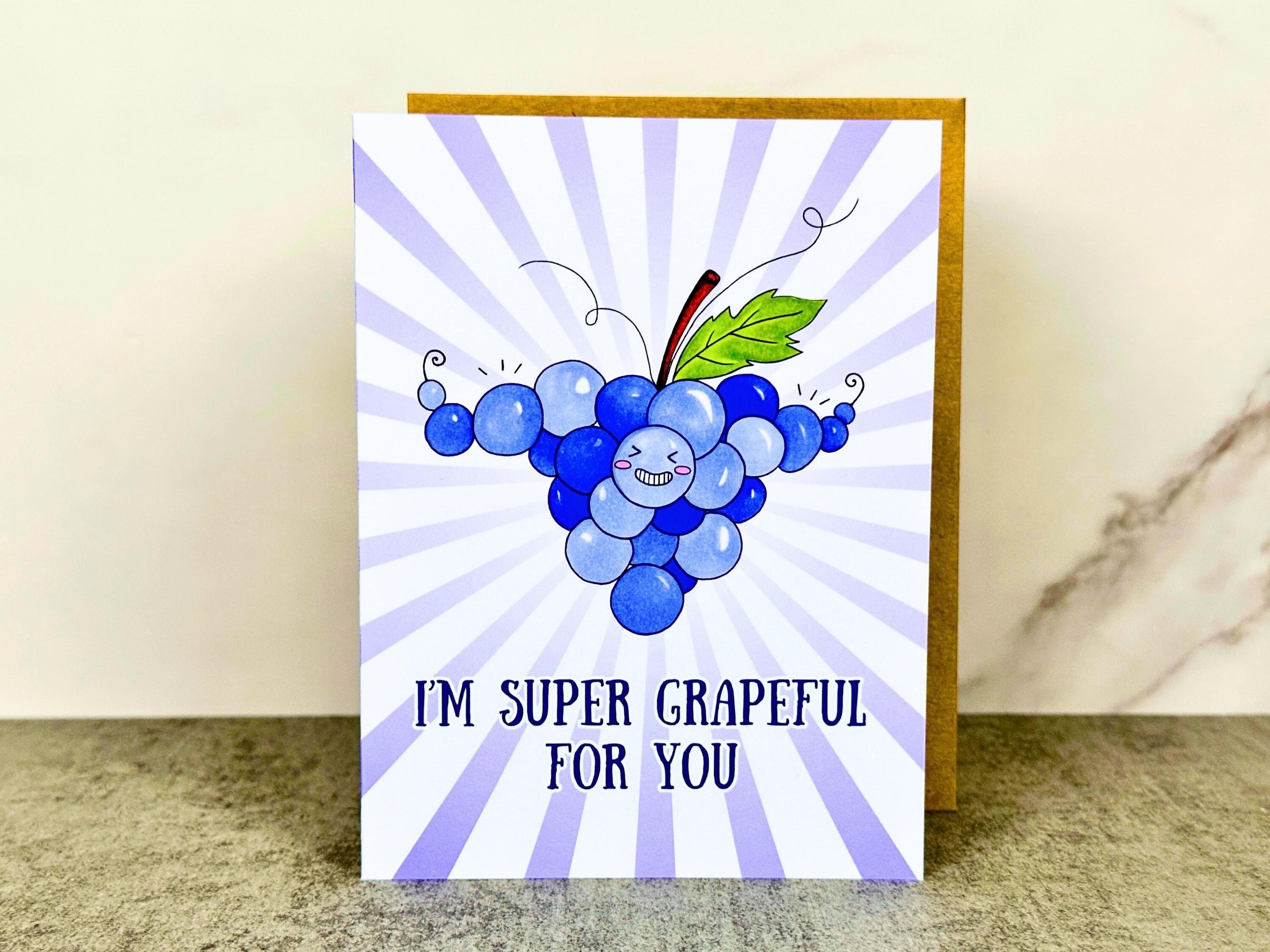 I'm Grateful For You Greeting Card - handmade, cute, quirky, grape, thank you card, blank greeting card, for him, for her, for friend