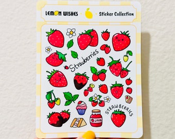 Strawberry Sticker Sheet - sticker sheets, cute stickers, stickers for journal, stickers for planner, deco stickers, diary deco stickers