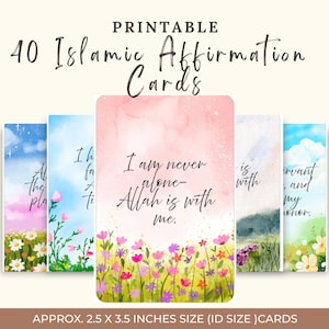 Pode incluir: Um conjunto de 40 cartões de afirmação islâmica para impressão. Cada cartão apresenta fundos em aquarela com detalhes florais e citações inspiradoras. Os cartões medem aproximadamente 6,35 x 8,89 cm.