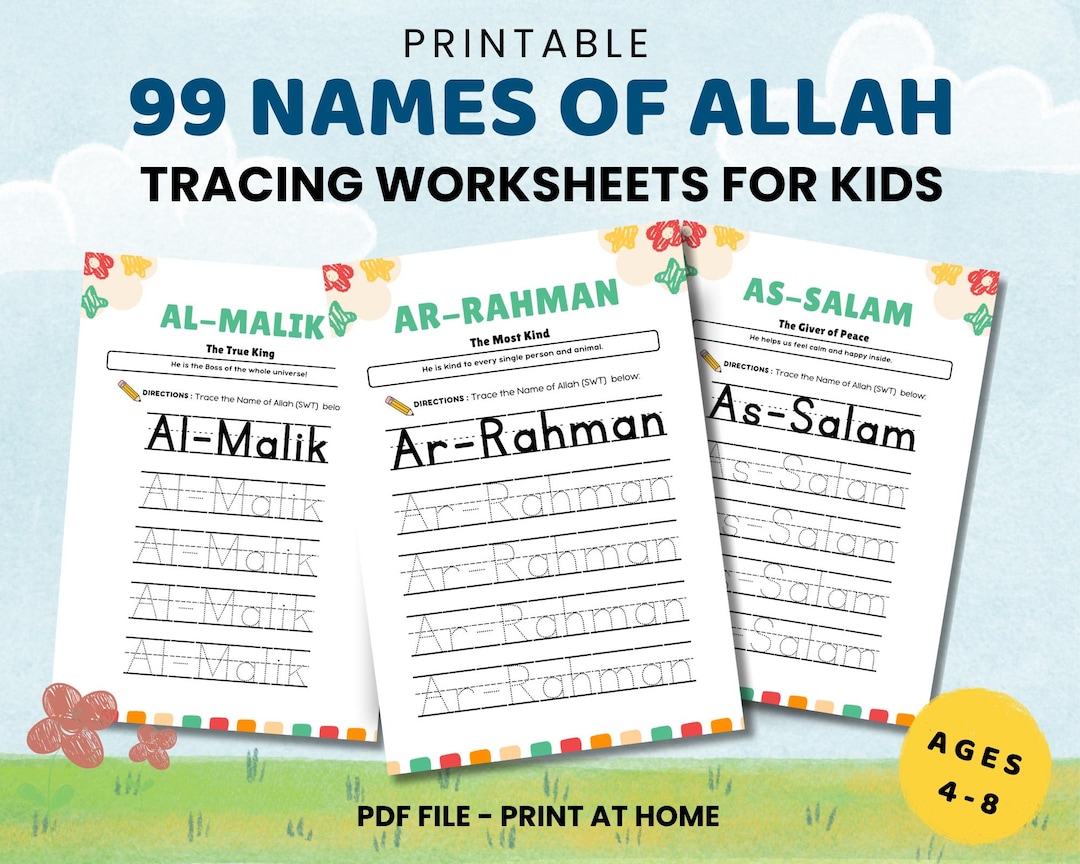 99 Names of Allah Tracing Worksheets | Islamic Handwriting Practice ...