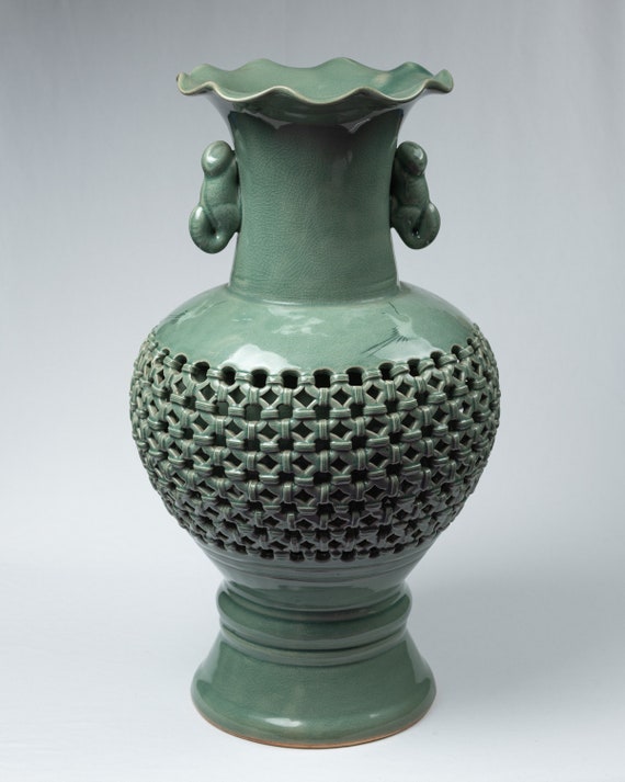 Large Korean Celadon Openwork Vase With Cloud and Crane