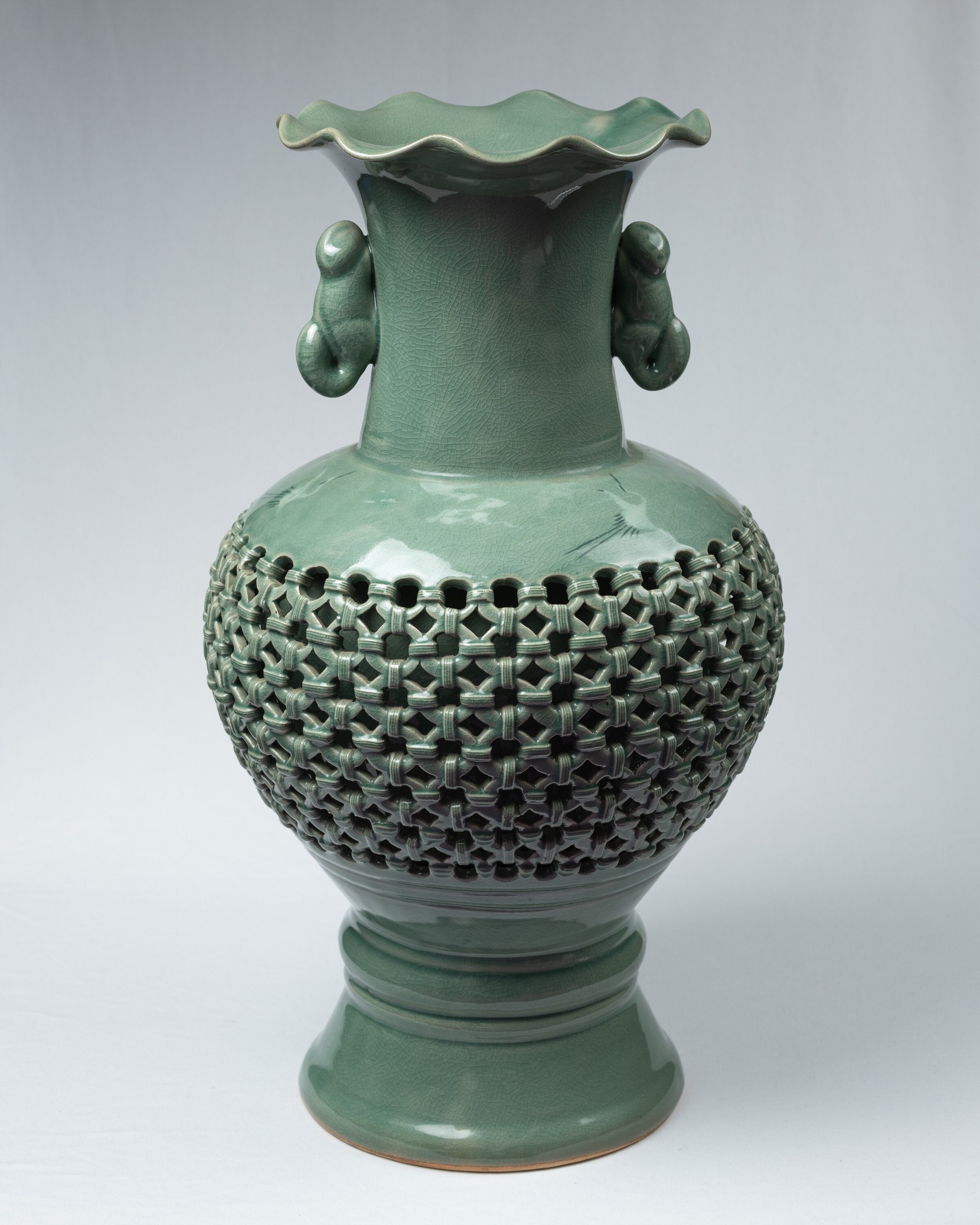 Large Korean Celadon Openwork Vase With Cloud and Crane Large Korean Celadon Openwork Vase With Cloud and Crane
