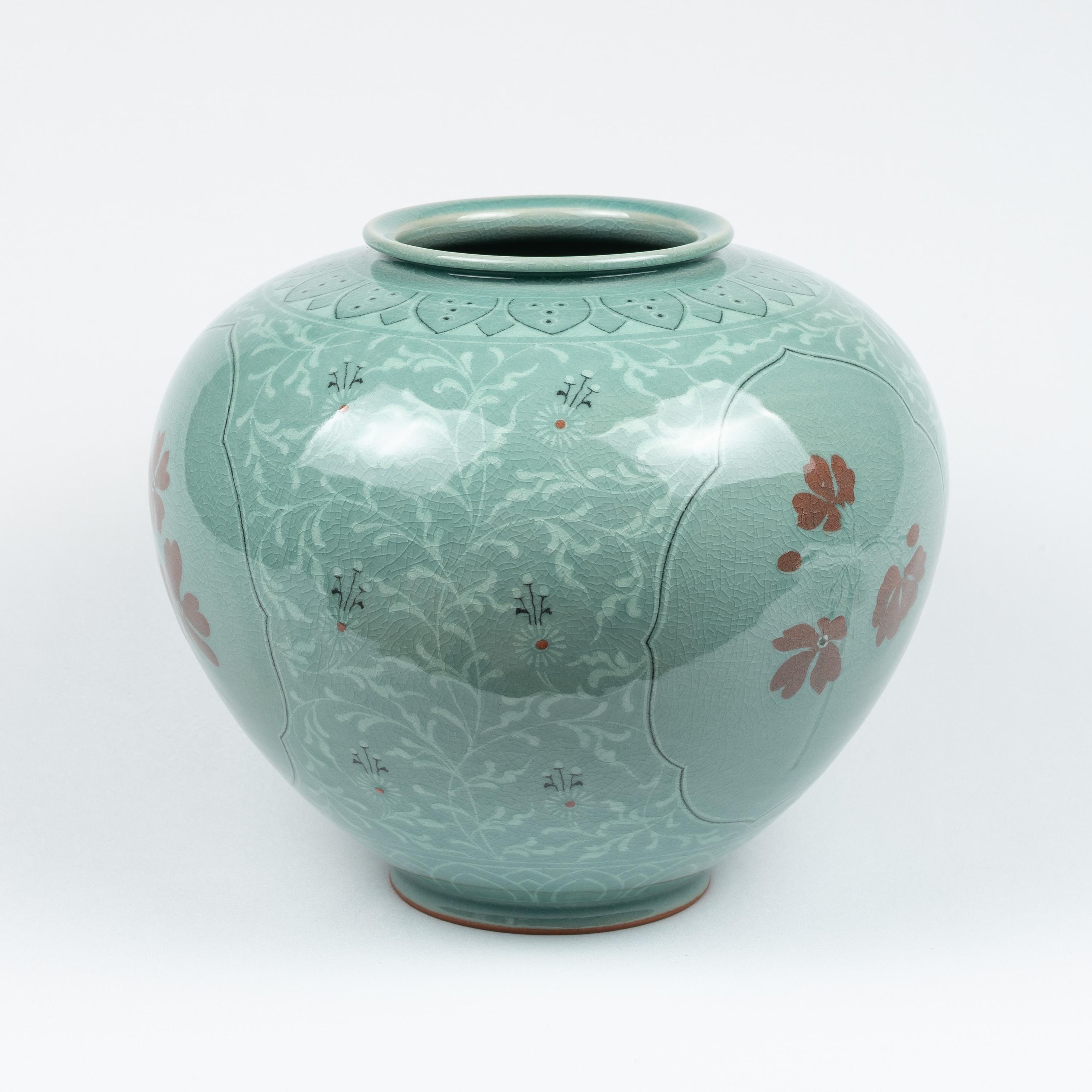 海剛 作　象嵌大壺　高さ43cm 鶴文　大型花瓶　韓国青磁　美品　陶磁器 置物 海剛 作 象嵌大壺 高さ43cm 鶴文 大型花瓶 韓国青磁 美