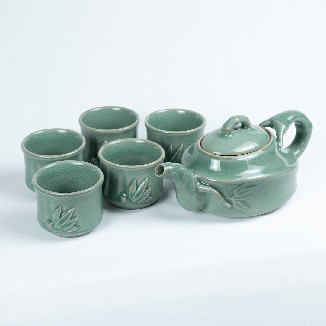 Korean Celadon Bamboo Motif Teapot and Teacup Set 高麗青磁 竹模様 急須湯呑5客セット - Etsy