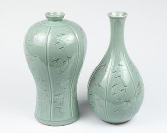 韓国青磁前甁十甁花瓶セット 高麗青磁象嵌花文夫婦梅甁酒甁 - Etsy 日本