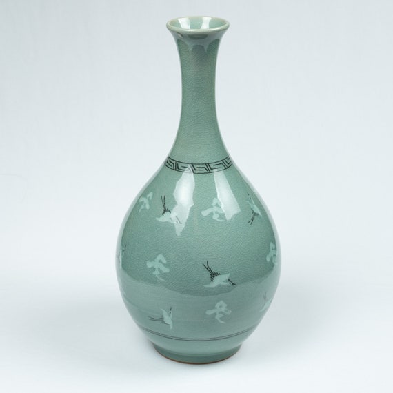 大型韓国青磁十瓶花瓶鶴雲飾高麗青磁雲鶴文酒甁 - Etsy 日本