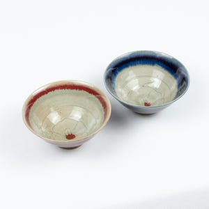 May include: Two ceramic bowls with a white glaze and a floral design. One bowl has a red rim and the other has a blue rim.