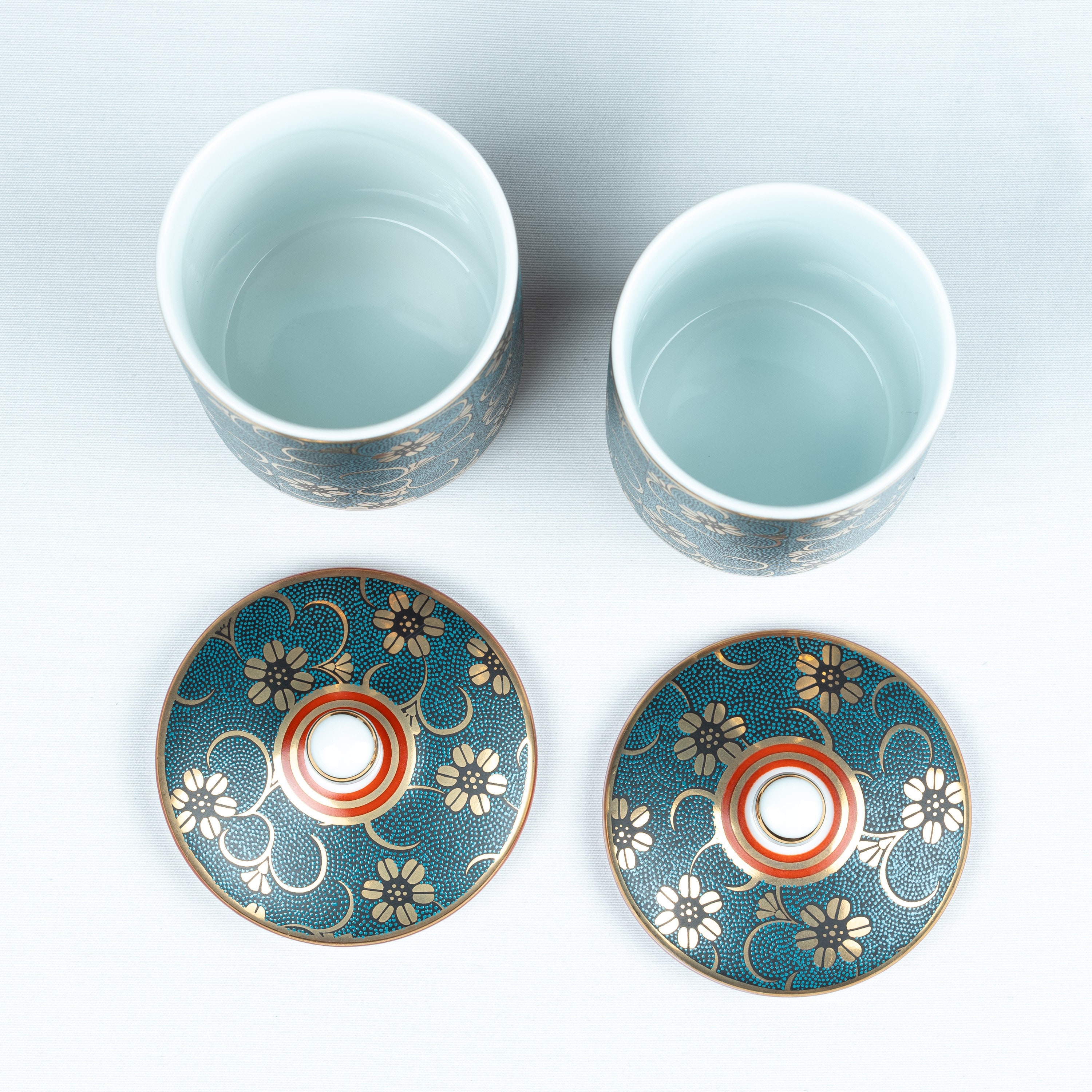 九谷蓋湯呑 青種金彩付 九谷青粒金彩蓋付夫婦湯呑 - Etsy 日本