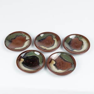 Puede incluir: Cinco platos pequeños y redondos de cerámica. Cada plato presenta una base marrón con detalles verdes, blancos y marrón oscuro. Los platos están dispuestos en un patrón circular, mostrando sus patrones y texturas individuales.