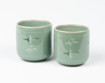 韓国青磁茶器（茶器）：象嵌入り鶴と雲のモチーフ、5人用セット - Etsy