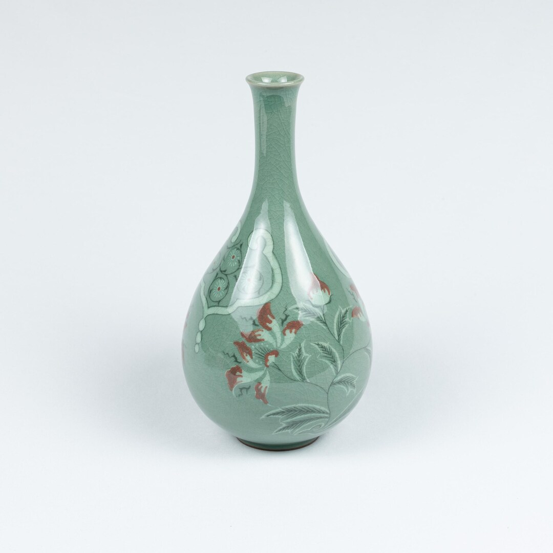 韓国青磁十瓶瓶花瓶切牡丹装飾高麗青磁象嵌牡丹花文酒甁 - Etsy 日本