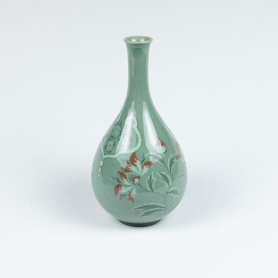 韓国の青磁の花瓶 青磁で素敵◇飛ぶ鶴。韓国産 青磁花瓶 高麗青磁 花器 コリアン