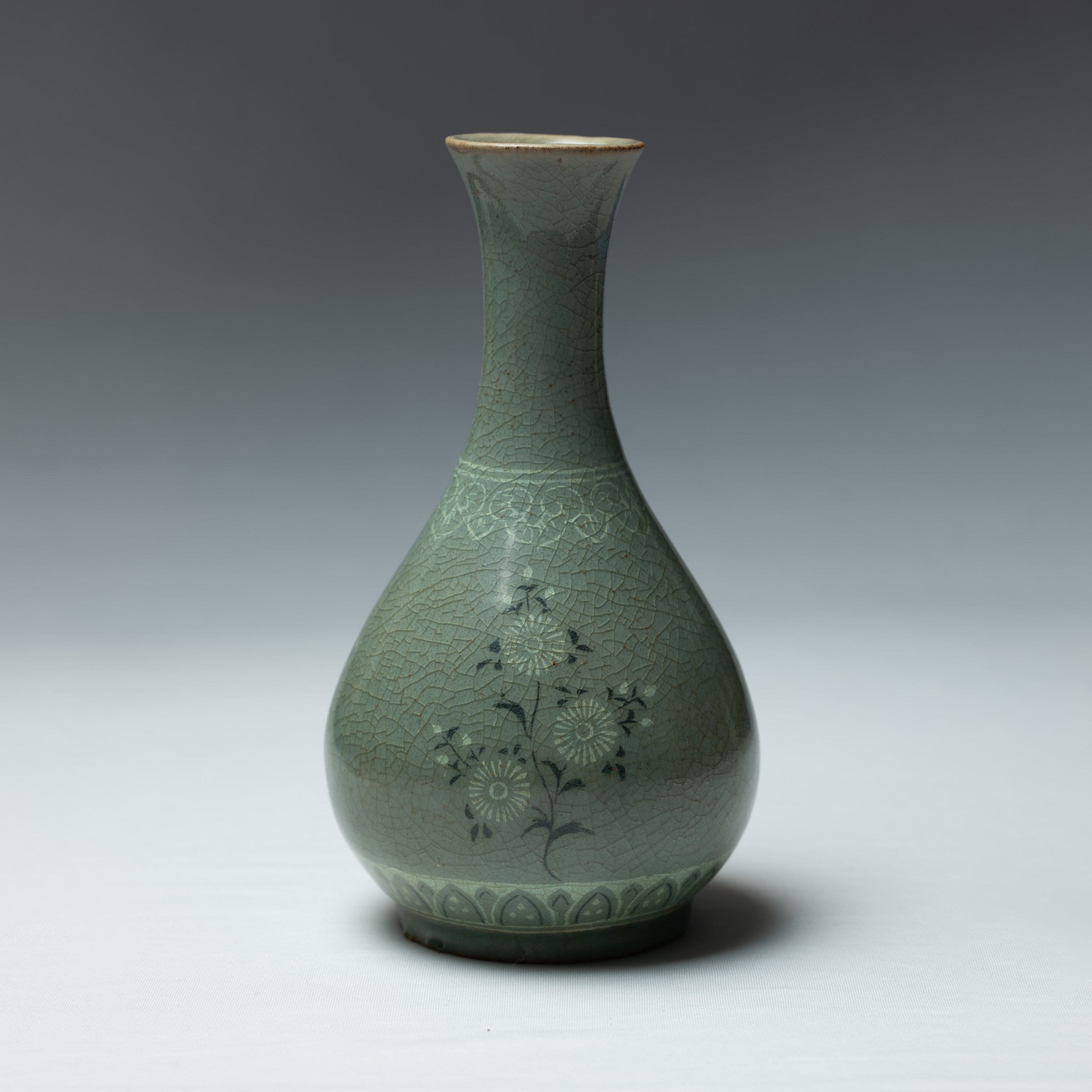 Antique Goryeo Korean Celadon Flask With Incised