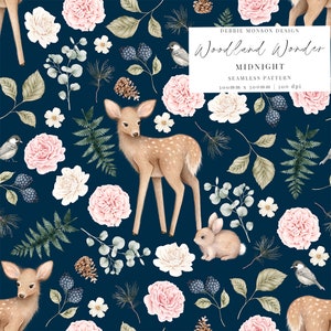 Waldwunder | Bezauberndes herbstliches florales nahtloses Muster Mitternachtsblau, Babybekleidung, Stoffe | Rehkitz, Hase | Nicht exklusive Lizenz