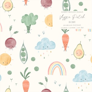Patch végétarien, motif sans couture en écru | Personnages mignons de légumes, carottes, radis, brocoli, arc-en-ciel | Vêtements pour bébé, Décoration de chambre d'enfant, Tissu