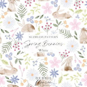 Può includere: Un motivo senza cuciture con illustrazioni ad acquerello di conigli, fiori e foglie su uno sfondo bianco. Il testo "Spring Bunnies" e "White" è incluso nel design.