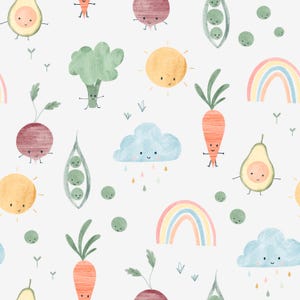 Puede incluir: Un patrón caprichoso con verduras de dibujos animados sonrientes, incluyendo zanahorias, aguacates y guisantes, junto con arcoíris, soles y nubes. El diseño utiliza colores pastel suaves, creando una estética alegre y juguetona.
